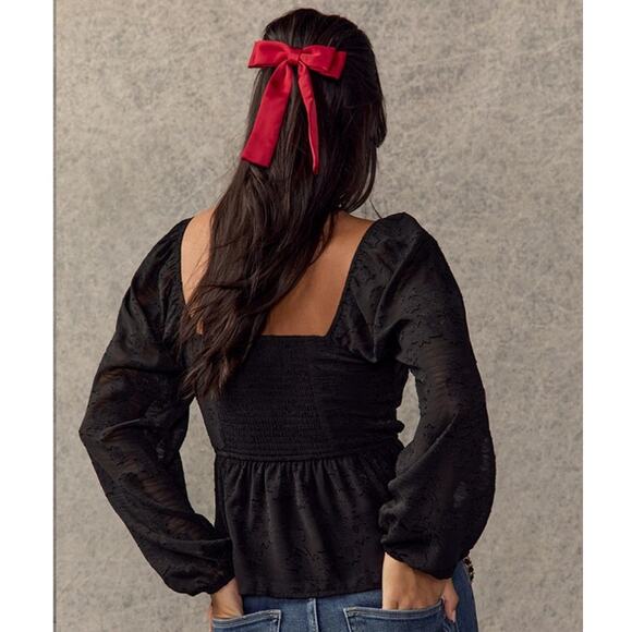 Francesca’s Hillary Lace Corset Long Sleeve Peplum Black Blouse NWT Sz S - Picture 2 of 10